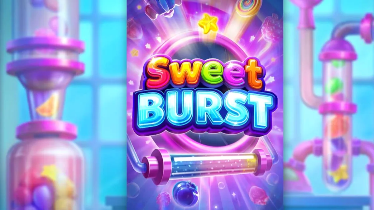 Tampilan visual mesin slot Sweet Burst dengan tema laboratorium permen futuristik